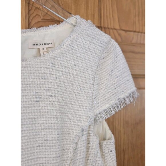 Rebecca Taylor Womens Dress 10 Fringe Tweed Shift Ivory Metallic - Picture 4 of 16